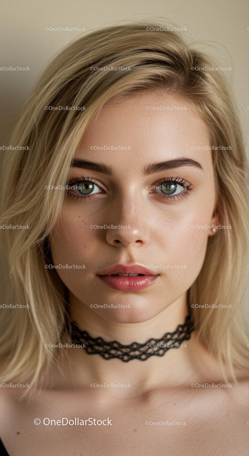 Close-Up Portrait of Beautiful Young Woman with Blonde Hair and Blue Eyes
