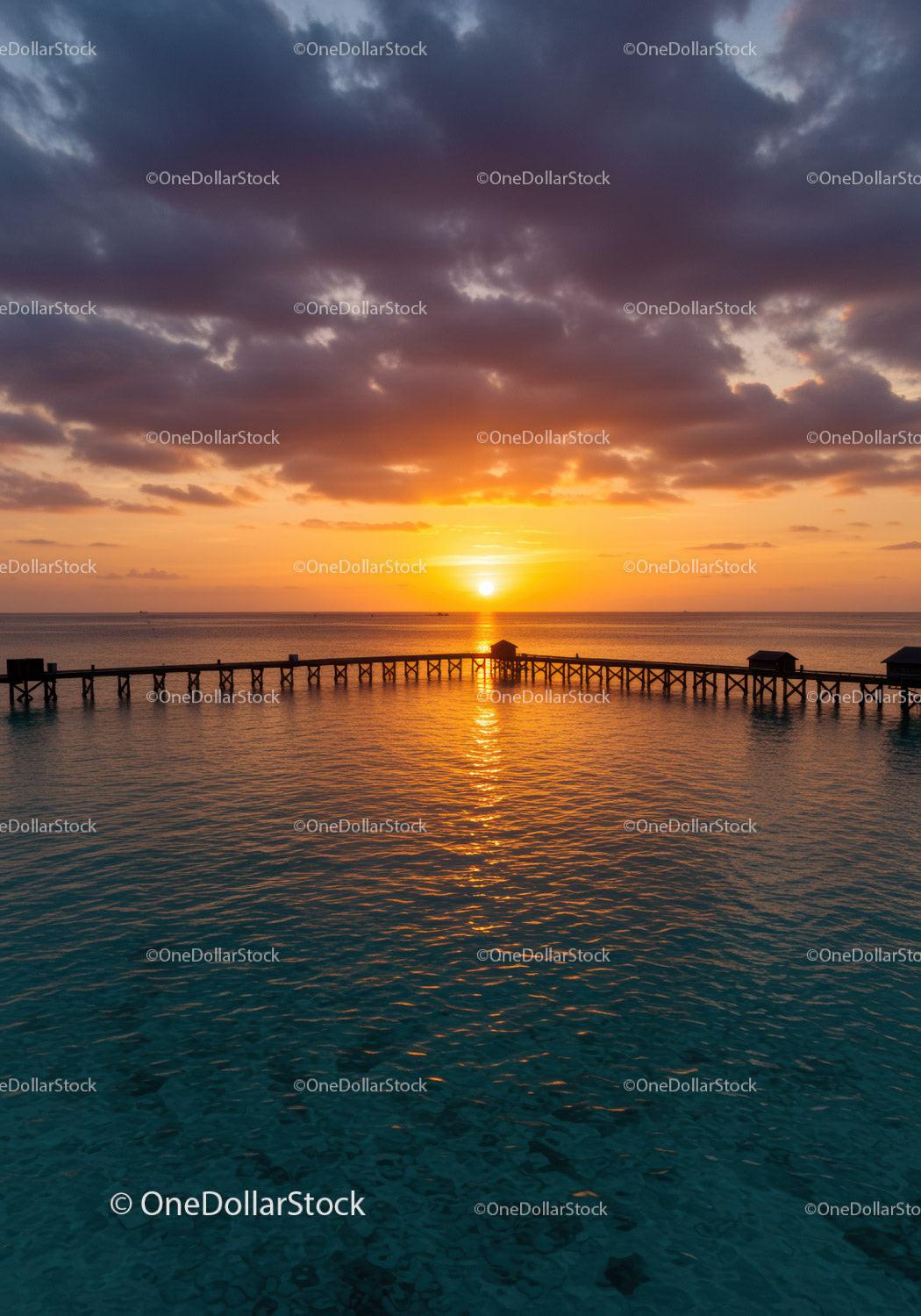Beautiful Sunset Over Ocean with Pier and Cloudy Sky
