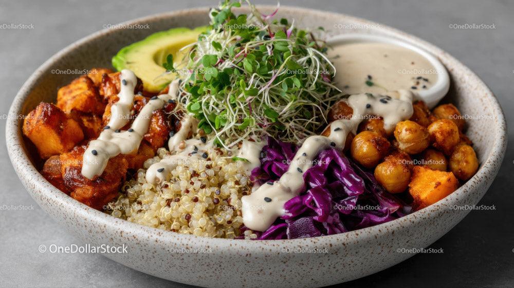 Colorful Vegan Bowls with Chickpeas Sweet Potatoes Red Cabbage and Quinoa Stock Photo Bundle preview 5