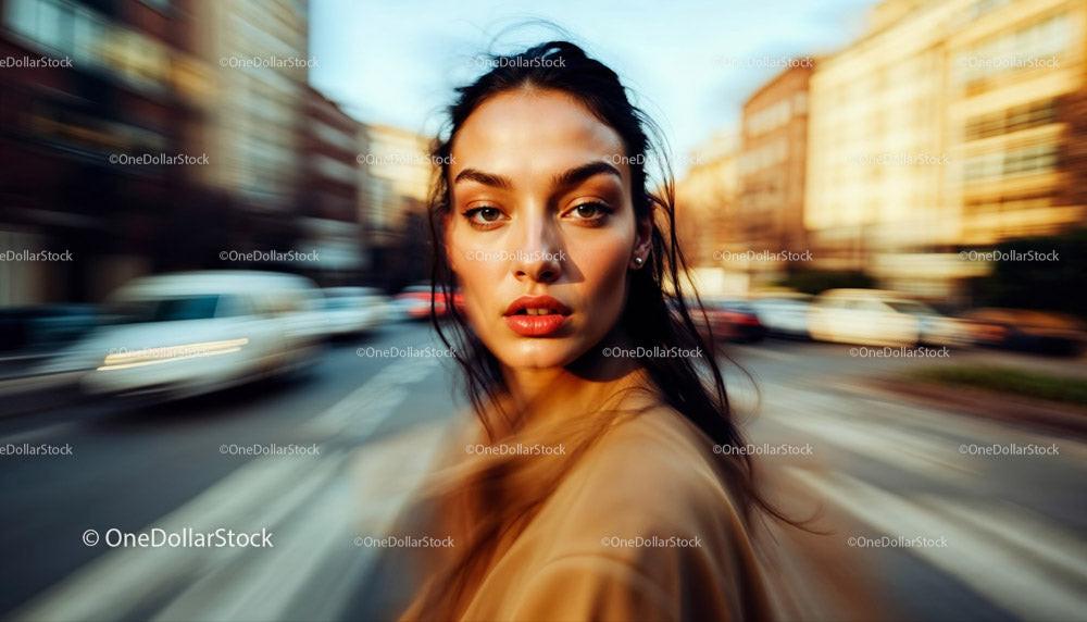 stock photo bundle made with Chic Woman in Brown Coat Walking Through Busy City Street Stock Photo Bundle