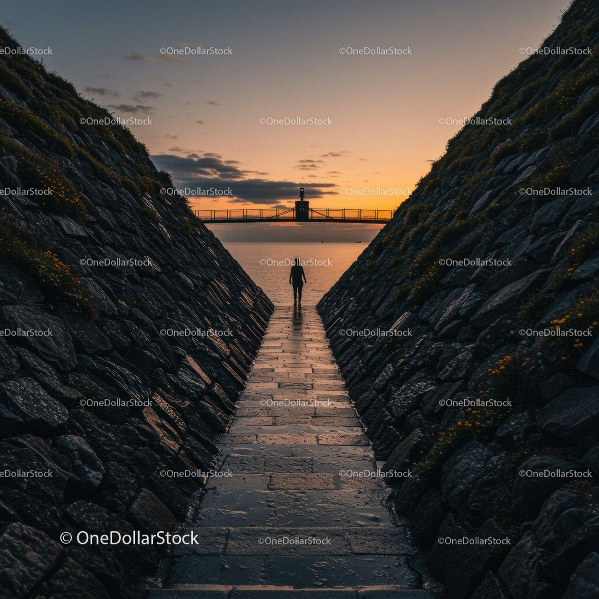 Silhouetted Person Walking Along Rock Wall Path During Sunset