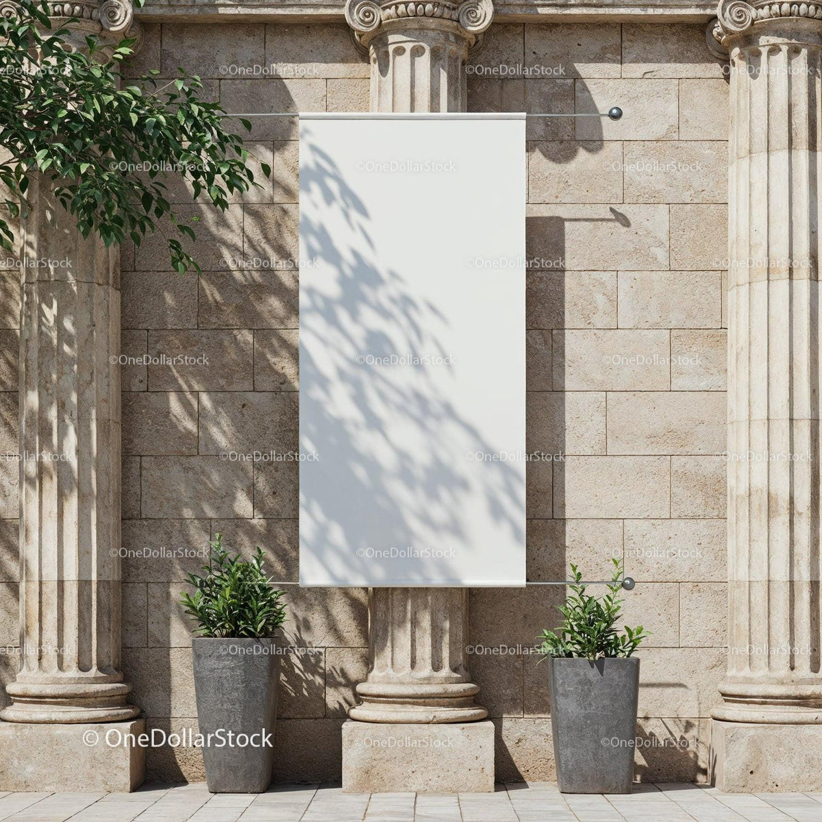 Blank Vertical Banner Between Classical Stone Columns Outdoors JPG Mockup Image preview