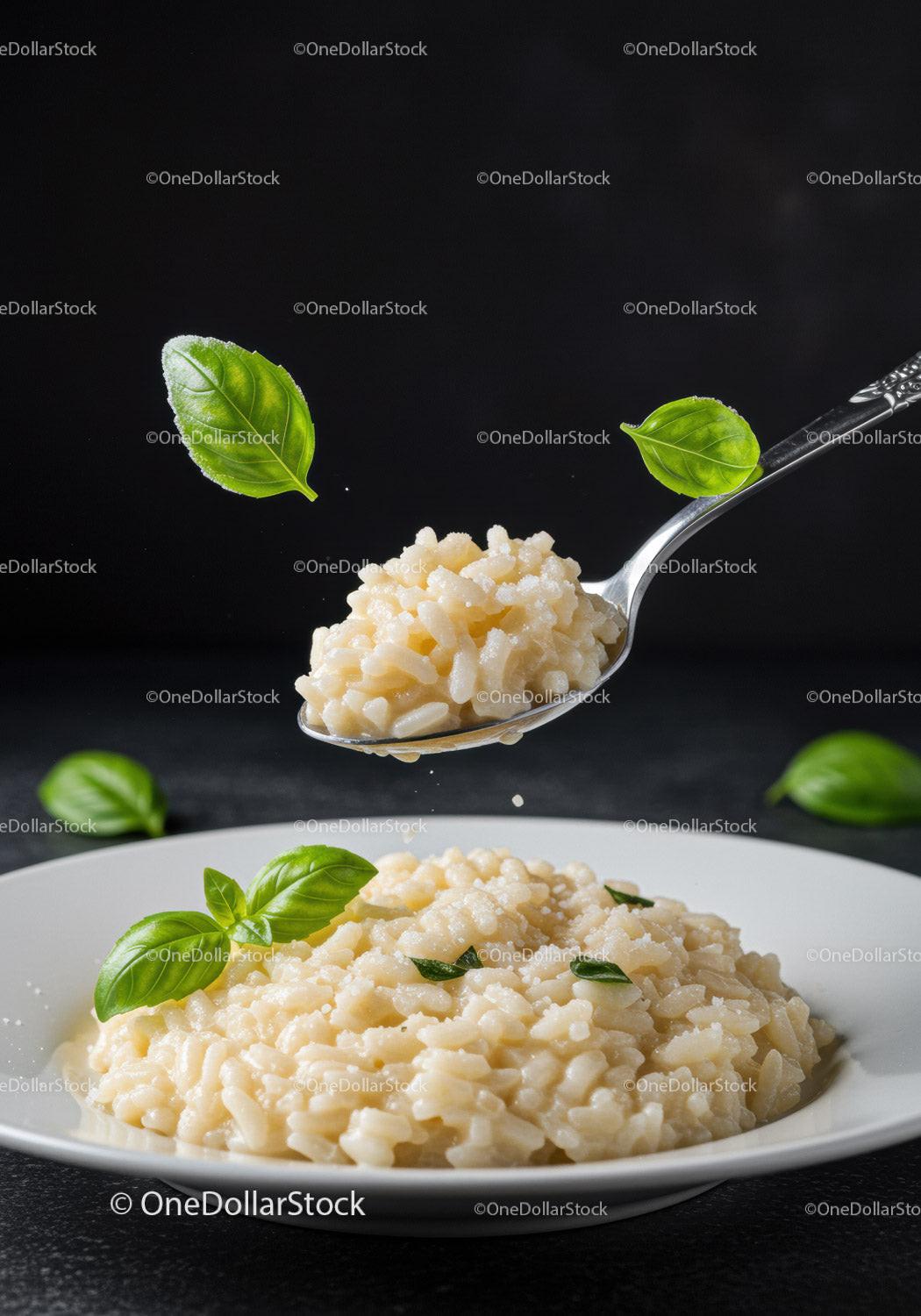 Creamy risotto served with fresh basil leaves