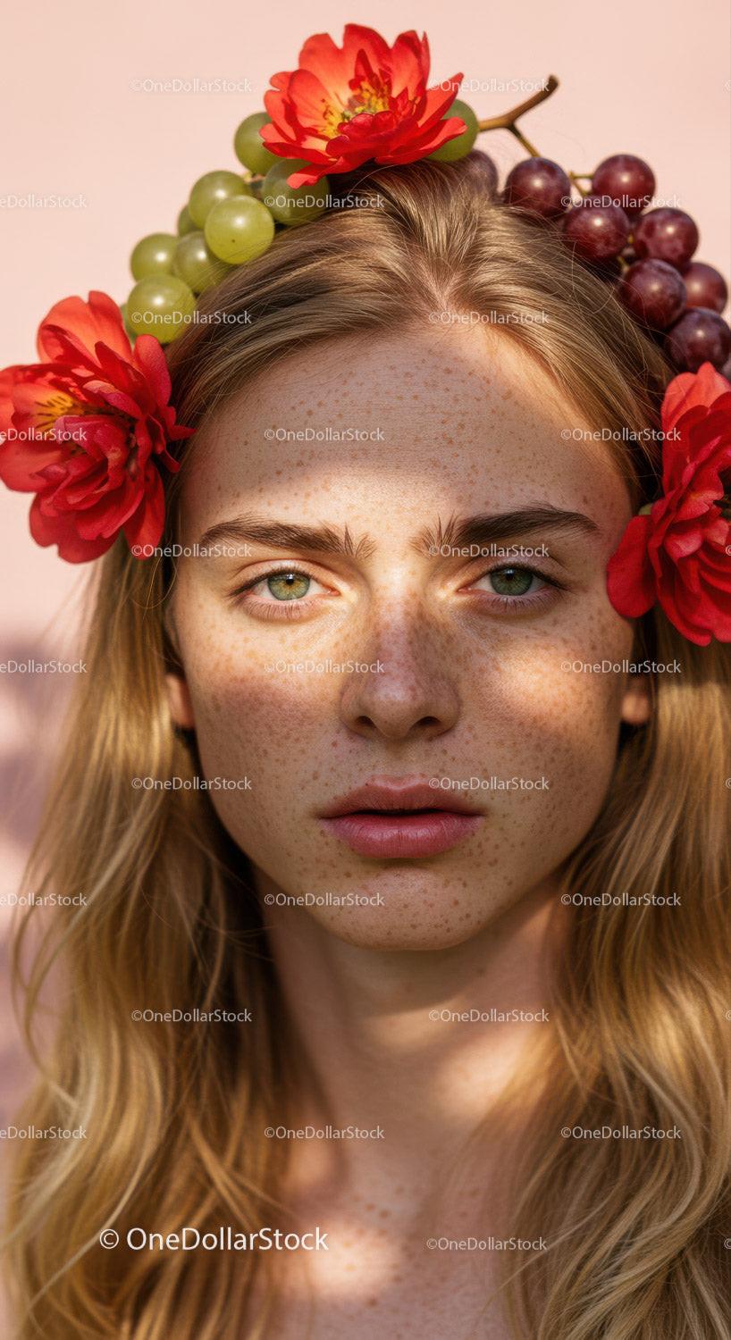 Man Wearing Floral Crown with Red Alstroemeria and Grape Flowers Stock Photo Bundle preview 14