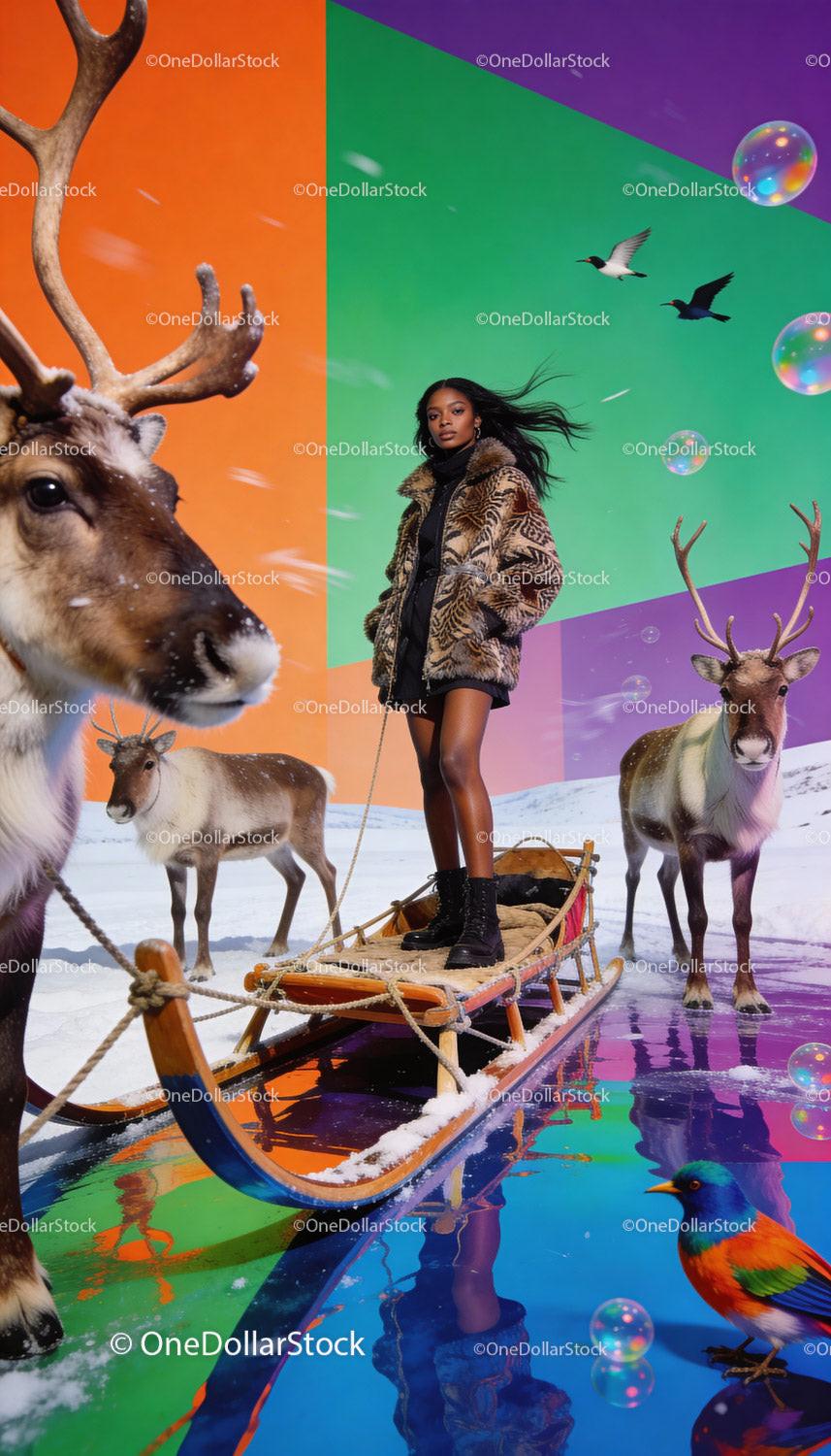 Fashionable woman standing on a reindeer sled in colorful studio