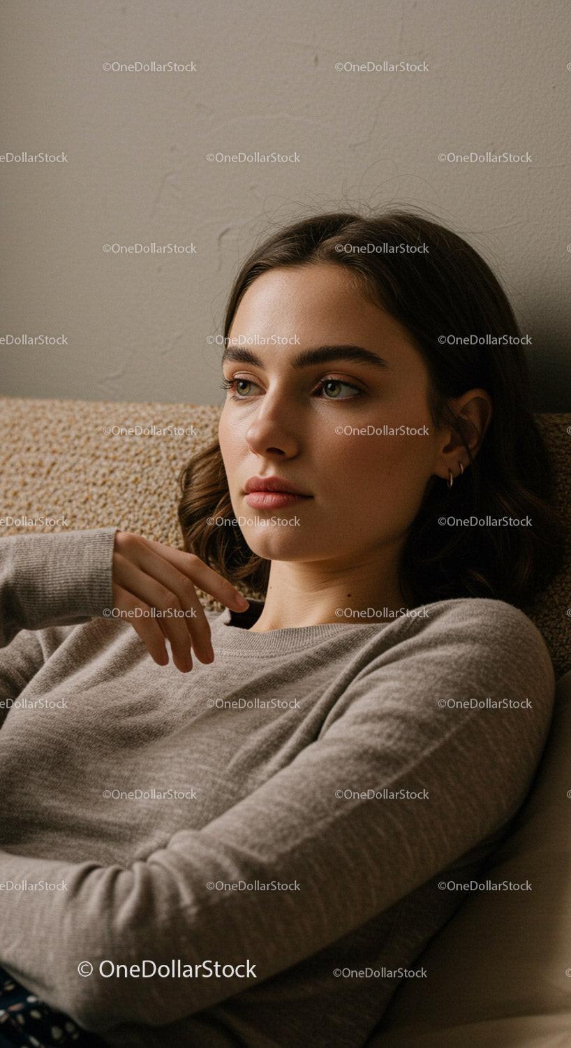 Young woman relaxing on sofa with thoughtful expression