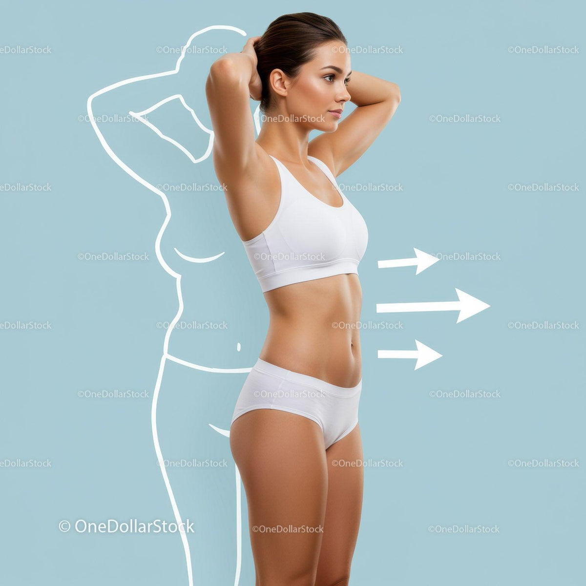 Young Woman in White Sportswear Stretching Against Light Blue Background