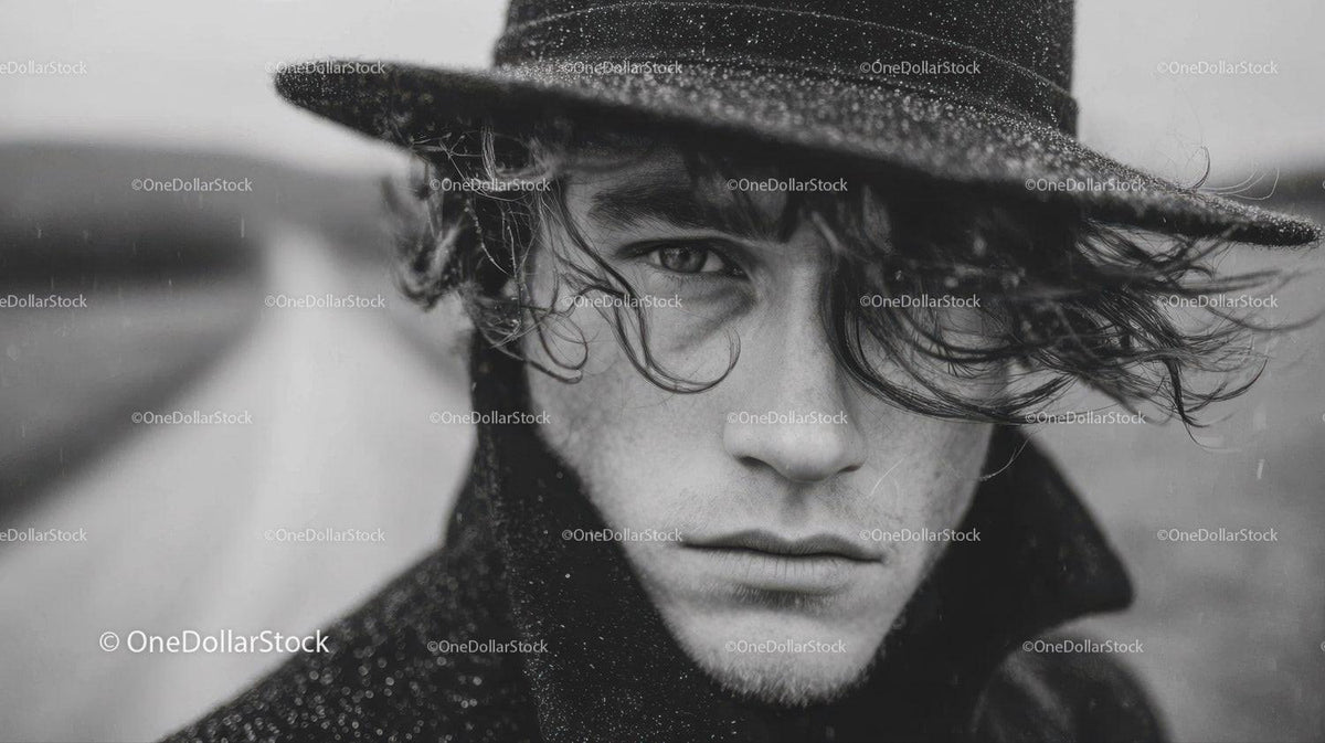 Moody Black and White Portrait of Man Wearing Stylish Hat in Rain