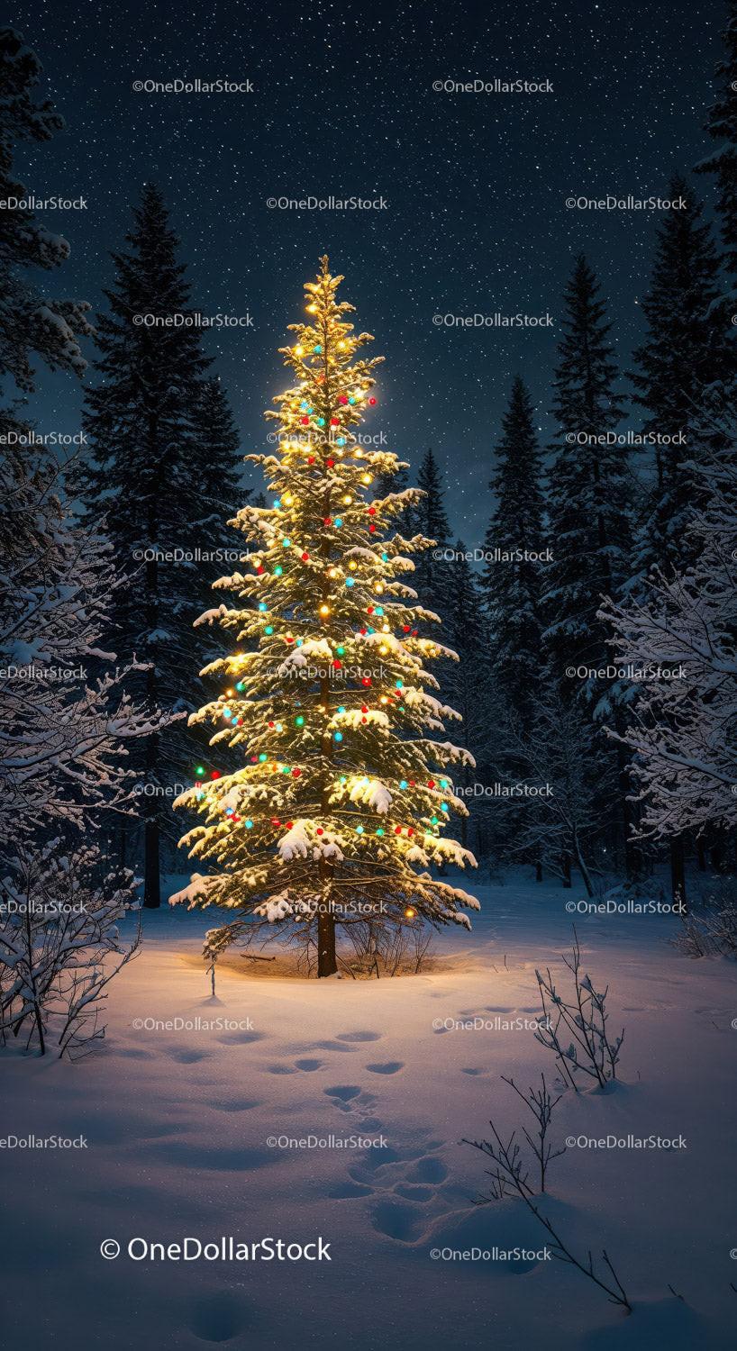 Illuminated Christmas Tree in Snowy Winter Forest Night