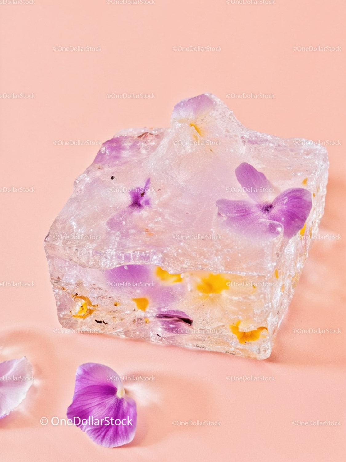 Frozen Flowers Encased in Clear Ice Cube on Pastel Surface