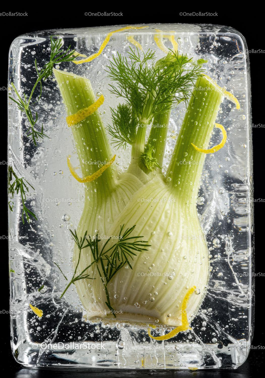 Fresh fennel bulb and lemon zest frozen in ice block