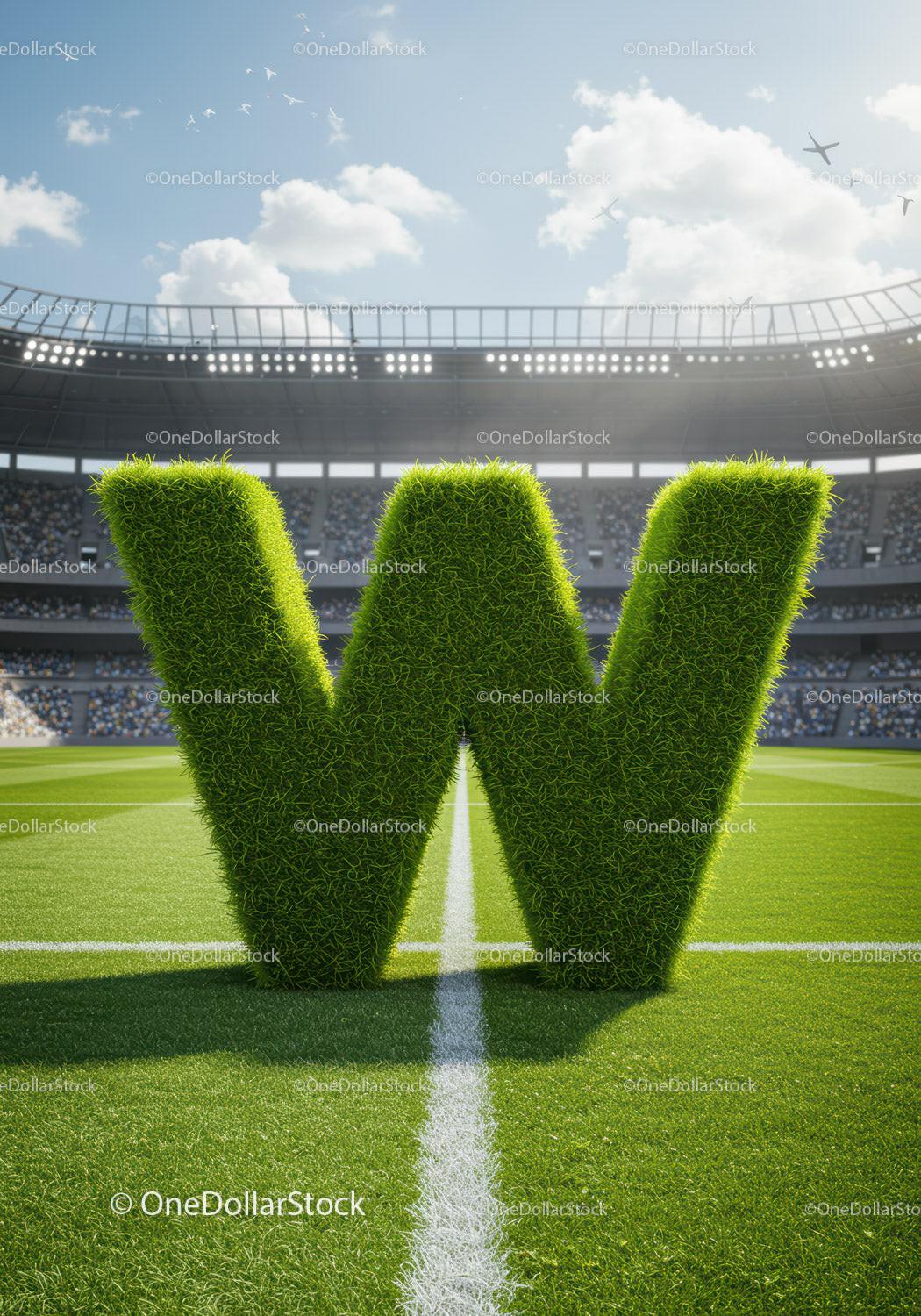 Green Grass Letter W on Soccer Field with Stadium Crowd