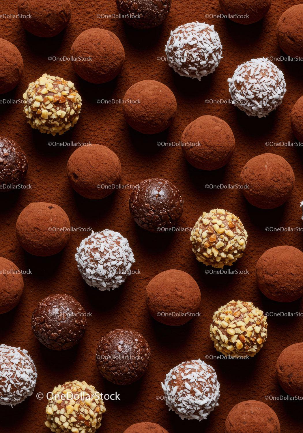 Assorted chocolate truffles with nuts and coconut flakes