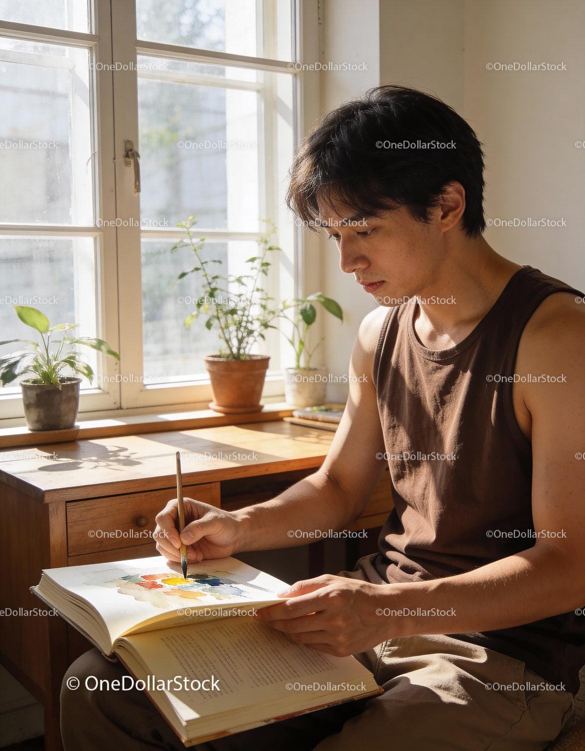 Young man painting watercolors near sunny window