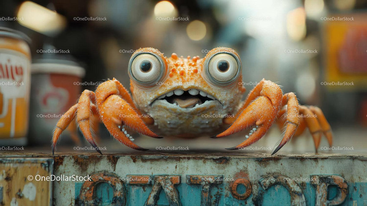 Orange crab with large eyes and claws on rusted blue surface