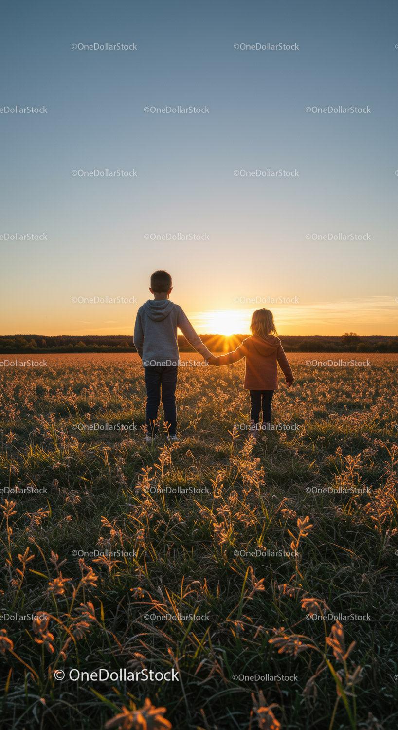 Children Holding Hands Watching Sunset in Open Field