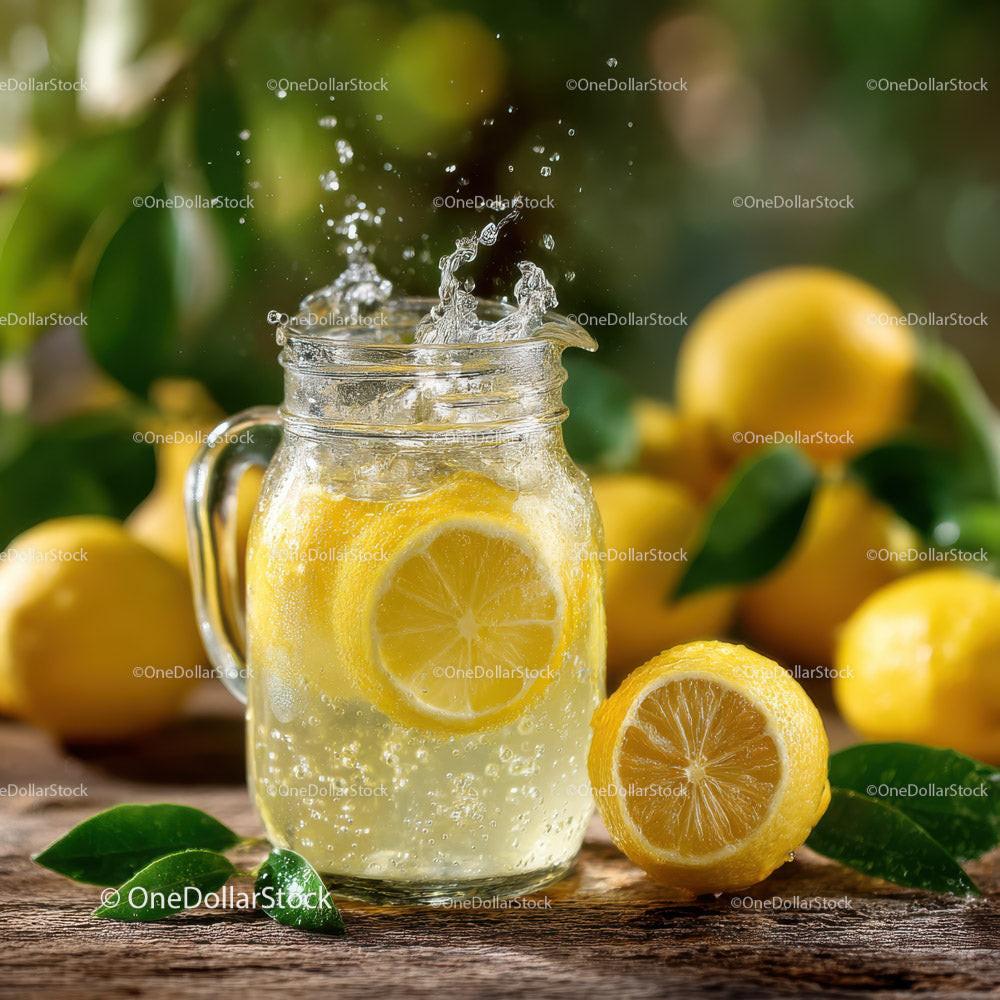 Fresh Lemonade with Sliced Lemons in a Glass Pitcher on Rustic Wooden Surface Stock Photo Bundle preview 7