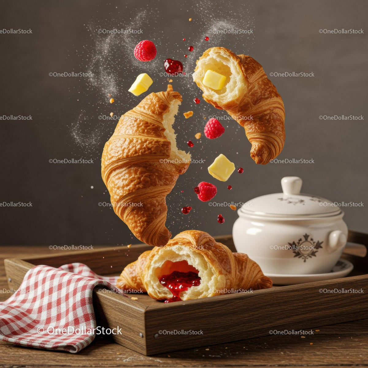 Fresh croissants with butter and raspberry jam on tray