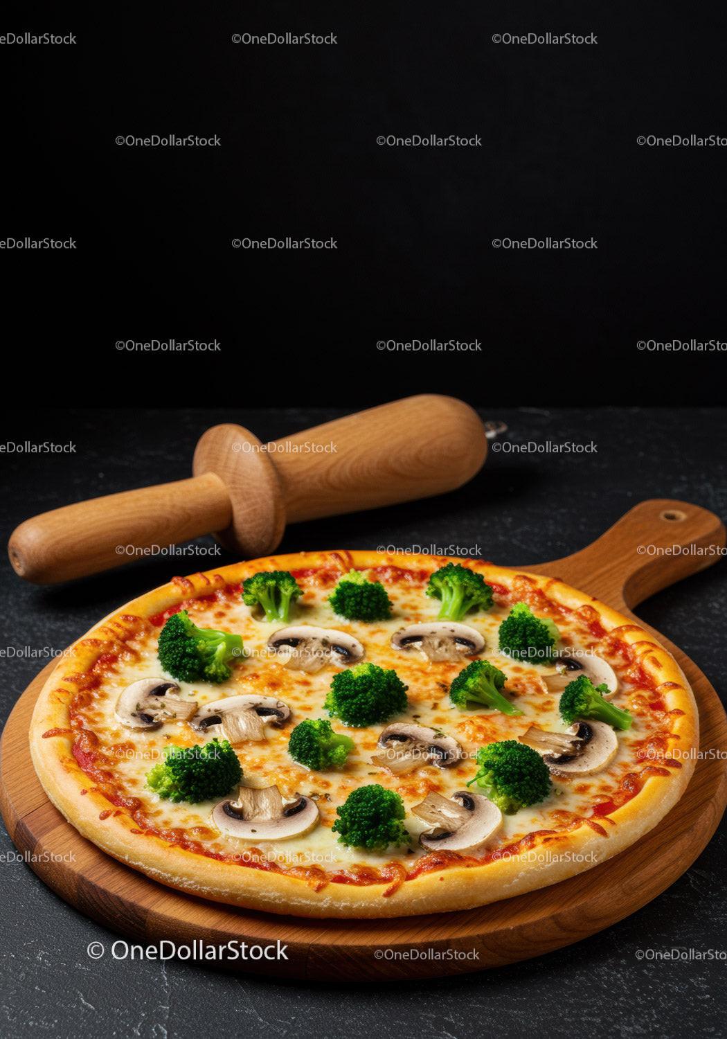 Cheesy pizza topped with fresh broccoli and mushrooms