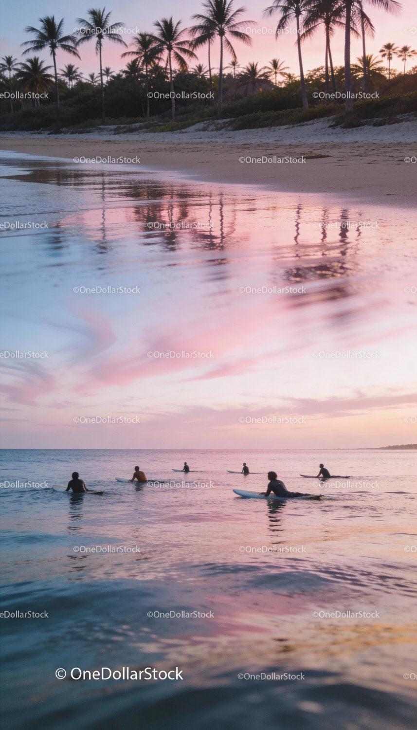 Surfers Waiting Calmly in Ocean at Sunset