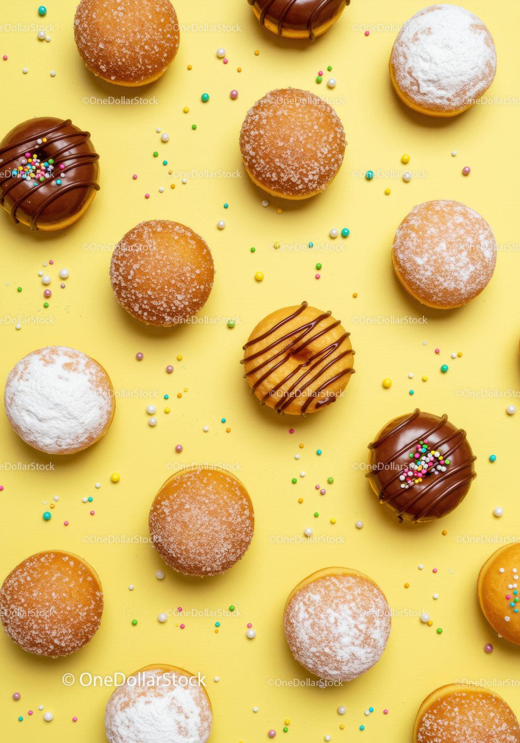 Assorted colorful donuts with sprinkles on yellow background