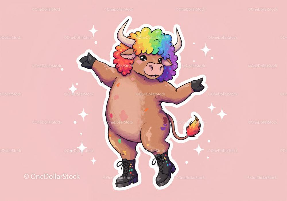 Cartoon bull with rainbow afro and black boots on pink background surrounded by stars