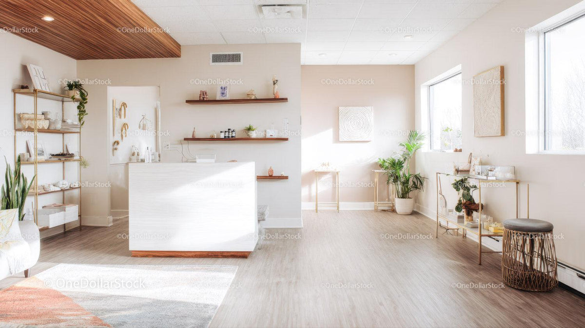 Bright Minimalist Living Room with Houseplants and Wooden Accents