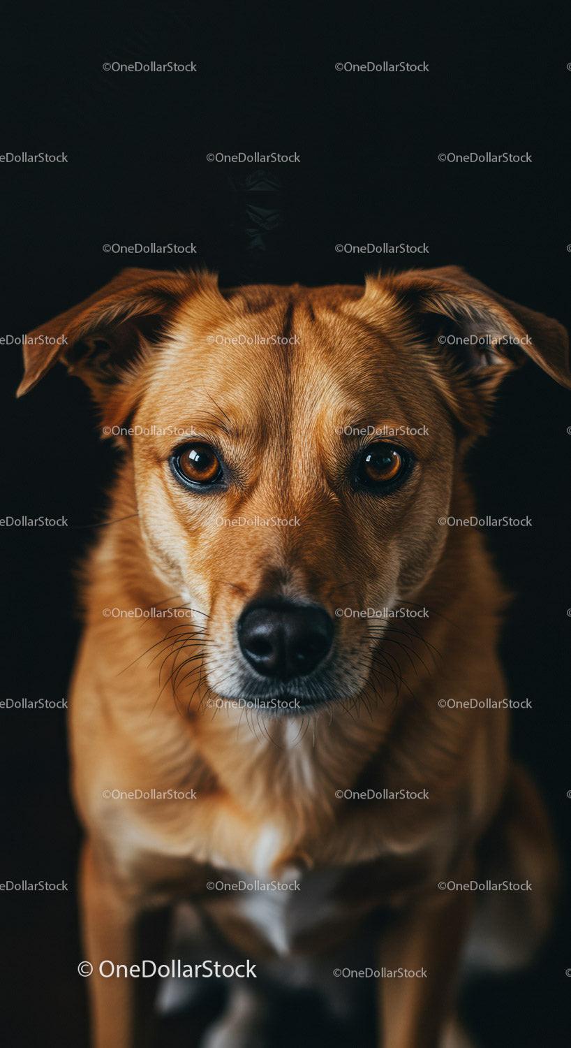Close-up portrait of attentive brown dog against dark background