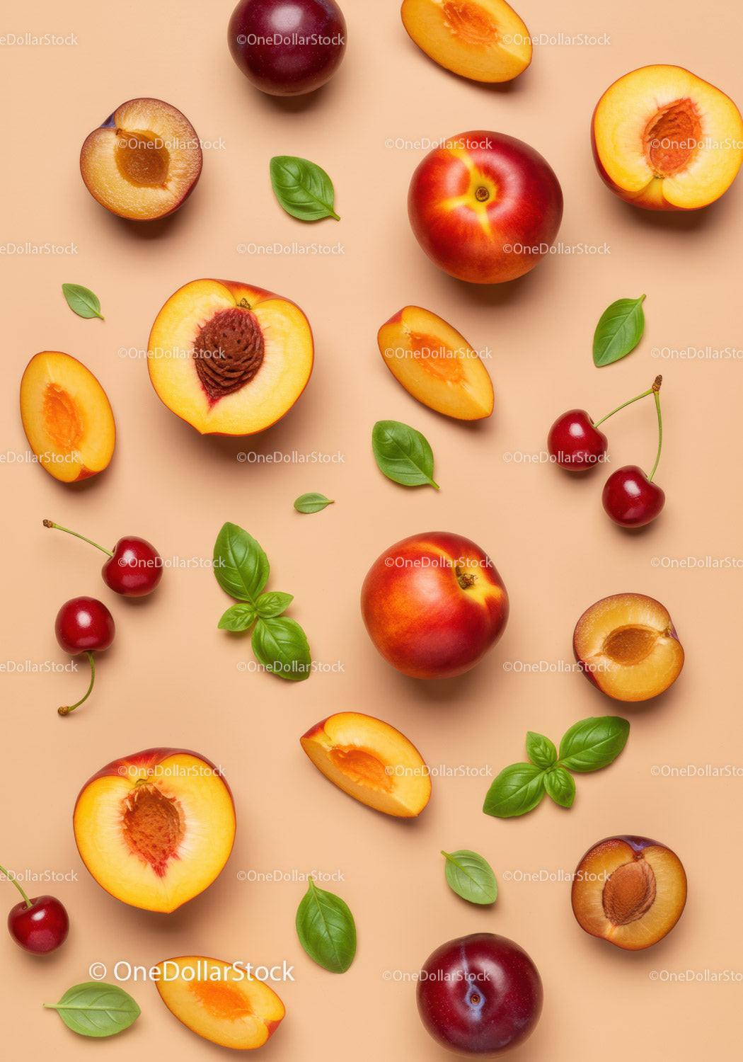 Fresh summer stone fruits with basil leaves on peach background