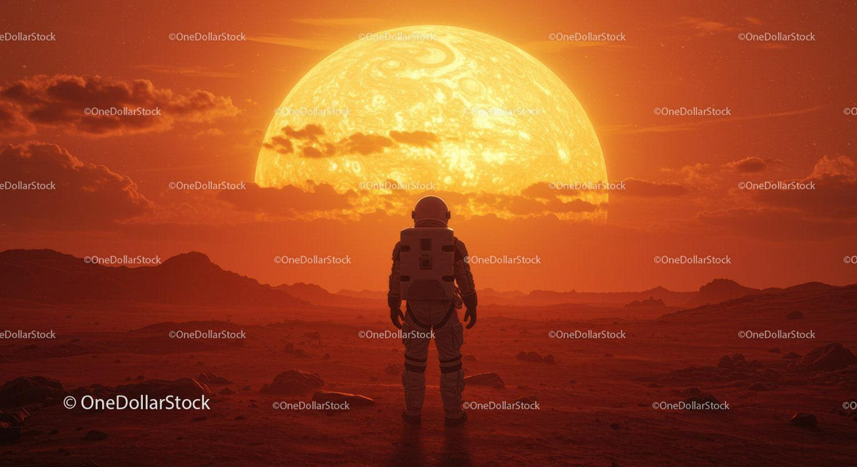 Astronaut Standing on Alien Planet with Large Sun Setting Behind Stock Photo Bundle preview 7