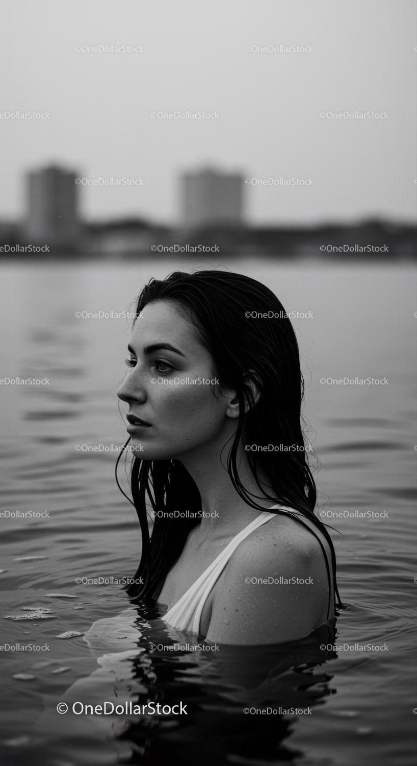 Serene Female Portrait in Water with Urban Background Stock Photo Bundle preview 12