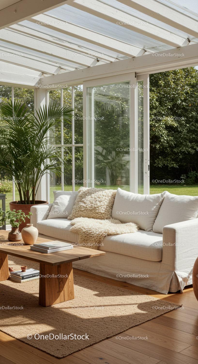 Cozy Sunlit Living Room with Green Plants and Wooden Table