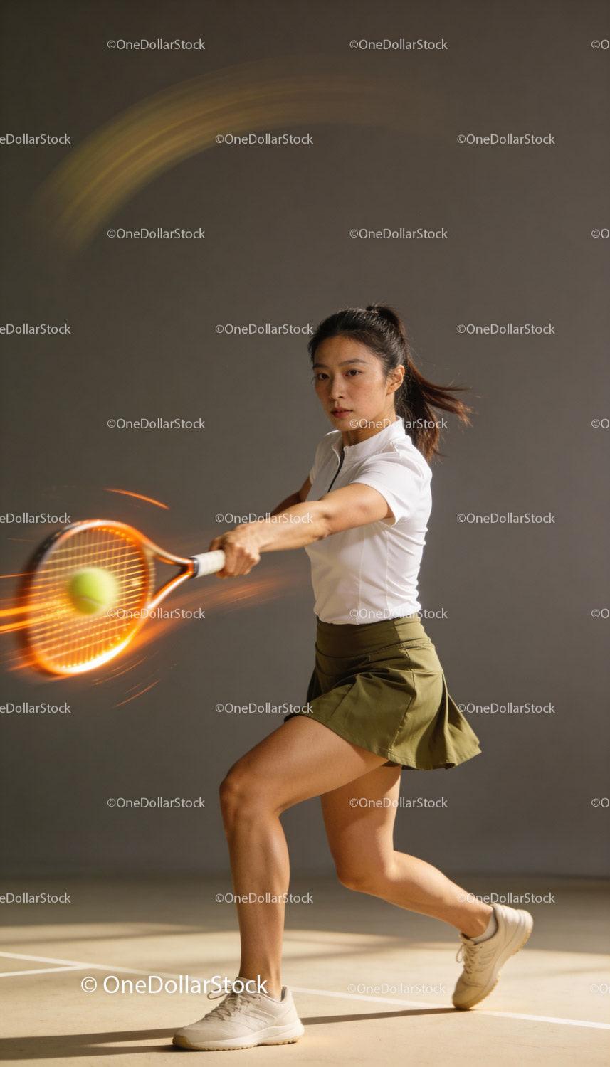 Focused woman playing indoor tennis with powerful hit