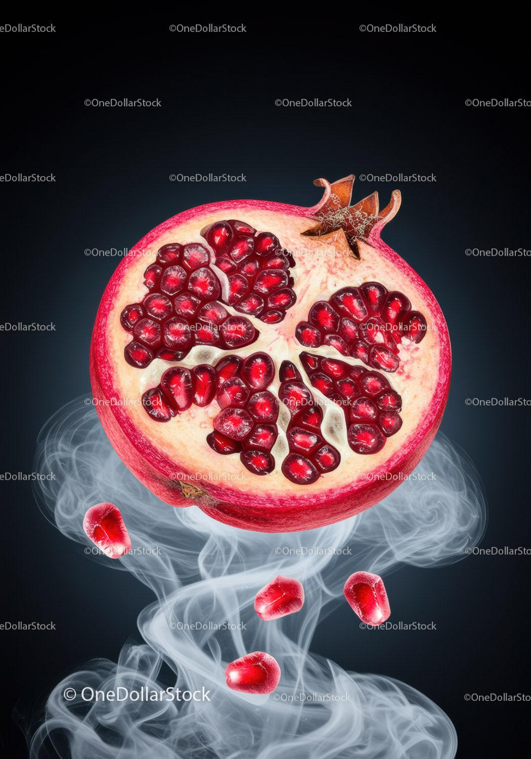 Fresh pomegranate half with seeds and swirling smoke