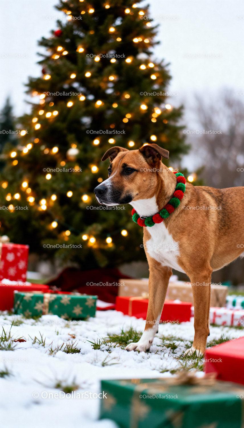 Brown dog in festive collar near Christmas tree outdoors