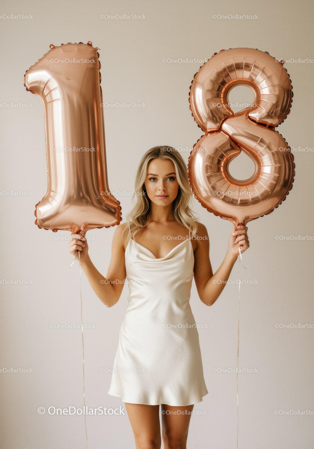 Young woman celebrating eighteenth birthday with balloons