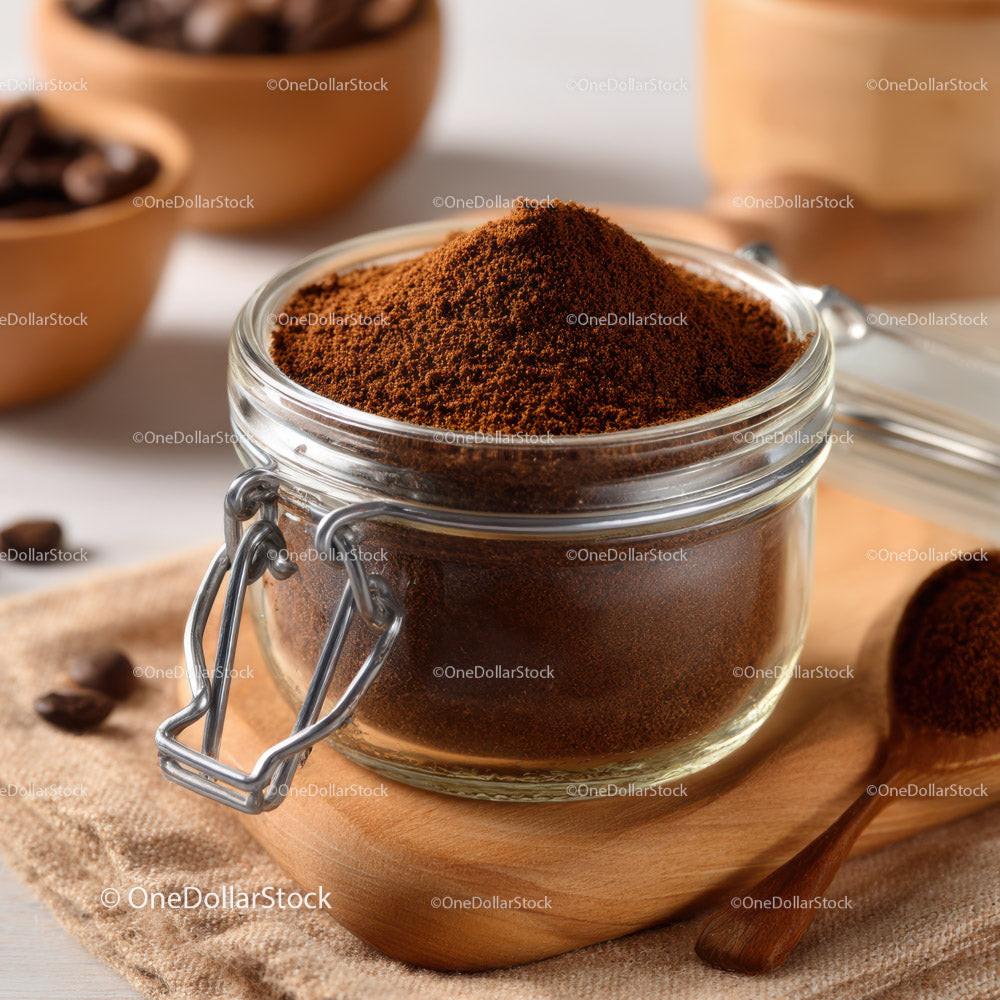 Close-up of Coffee Powder in Glass Jar with Wooden Spoon