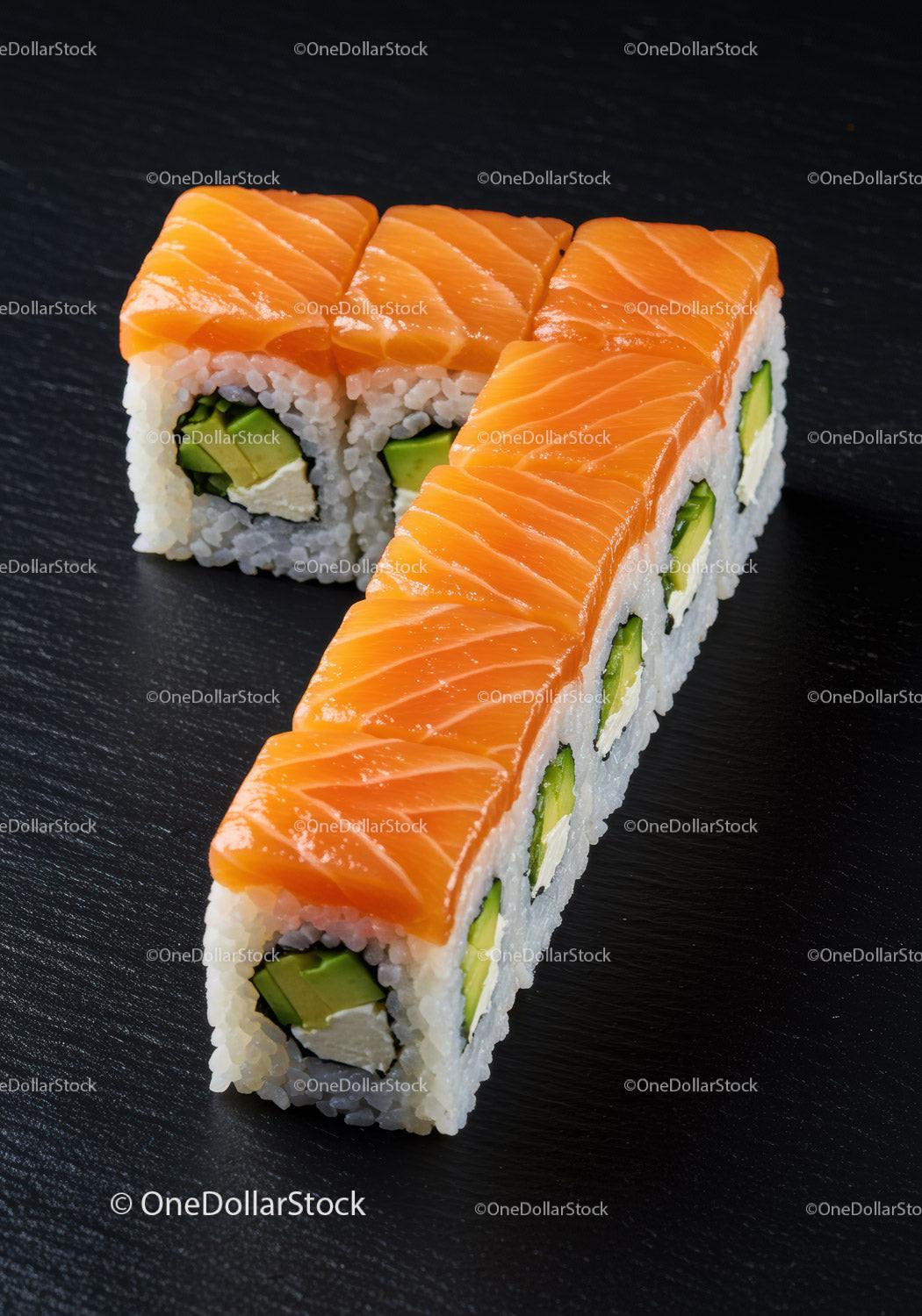 Fresh salmon avocado sushi rolls on black surface