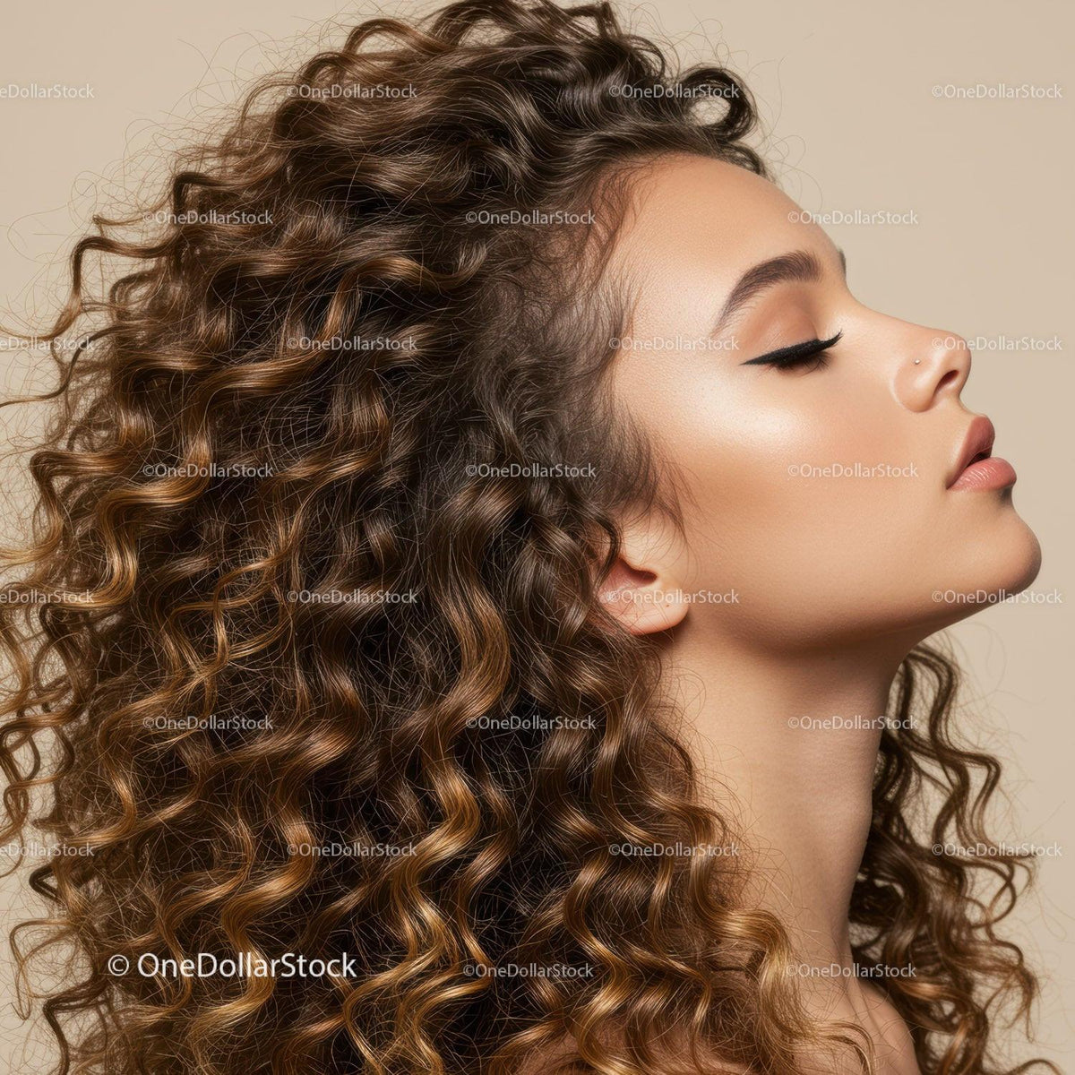 Profile of Woman with Voluminous Curly Hair and Smooth Skin