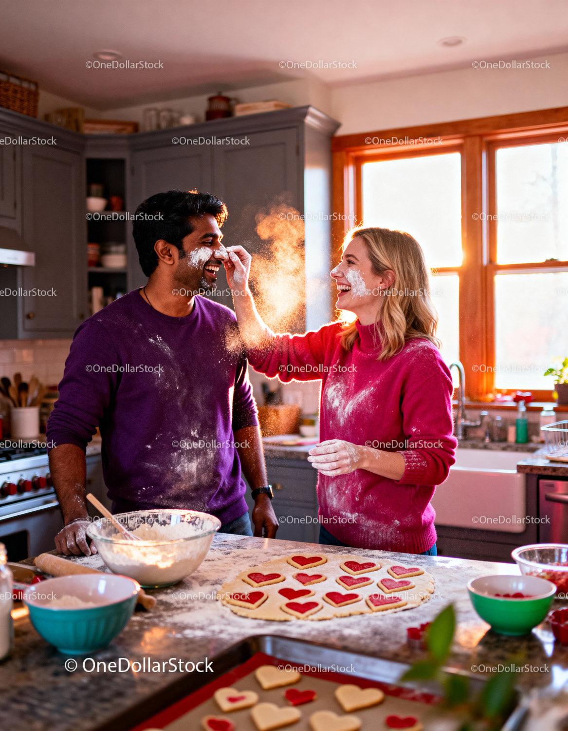 Couple Baking Heart-Shaped Cookies and Enjoying Flour Fun