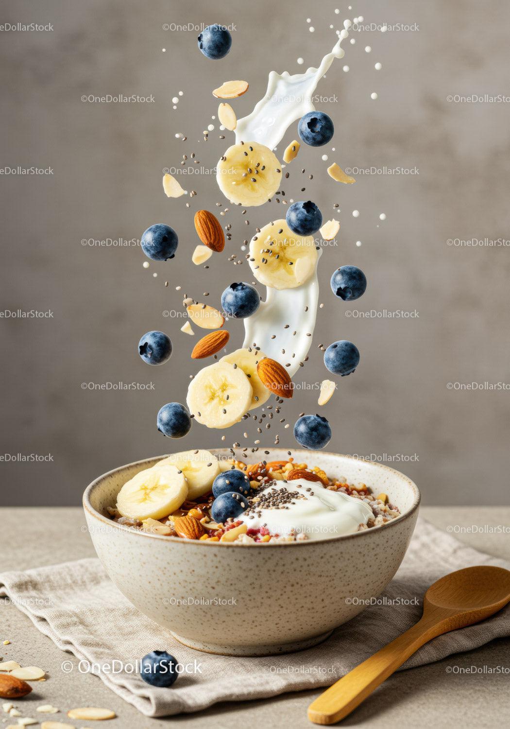 Healthy breakfast bowl with fresh fruits and yogurt splash