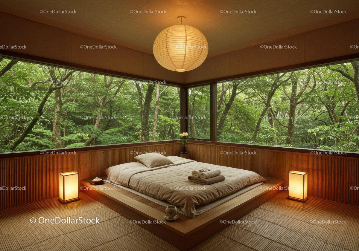 Minimalist Japanese bedroom with forest window views