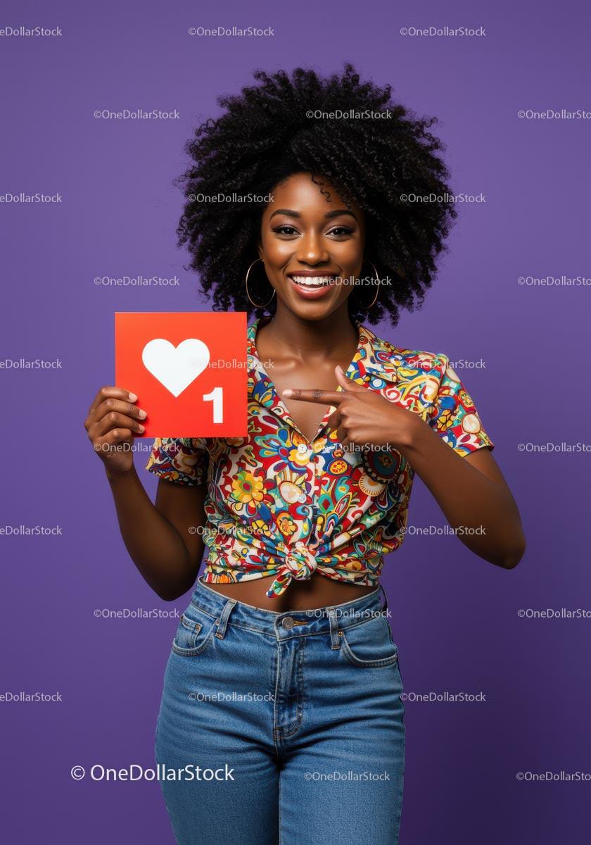 Cheerful Woman Holding Heart Card in Colorful Fashion Style