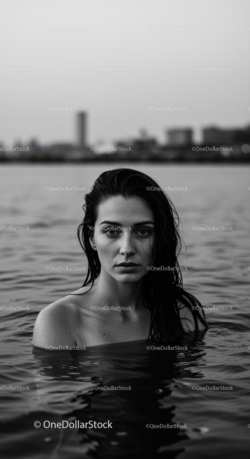 Moody Black and White Portrait of Woman in Water with City Skyline