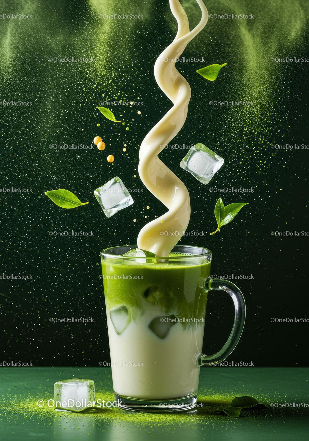 Creamy milk swirls into iced matcha tea with green leaves