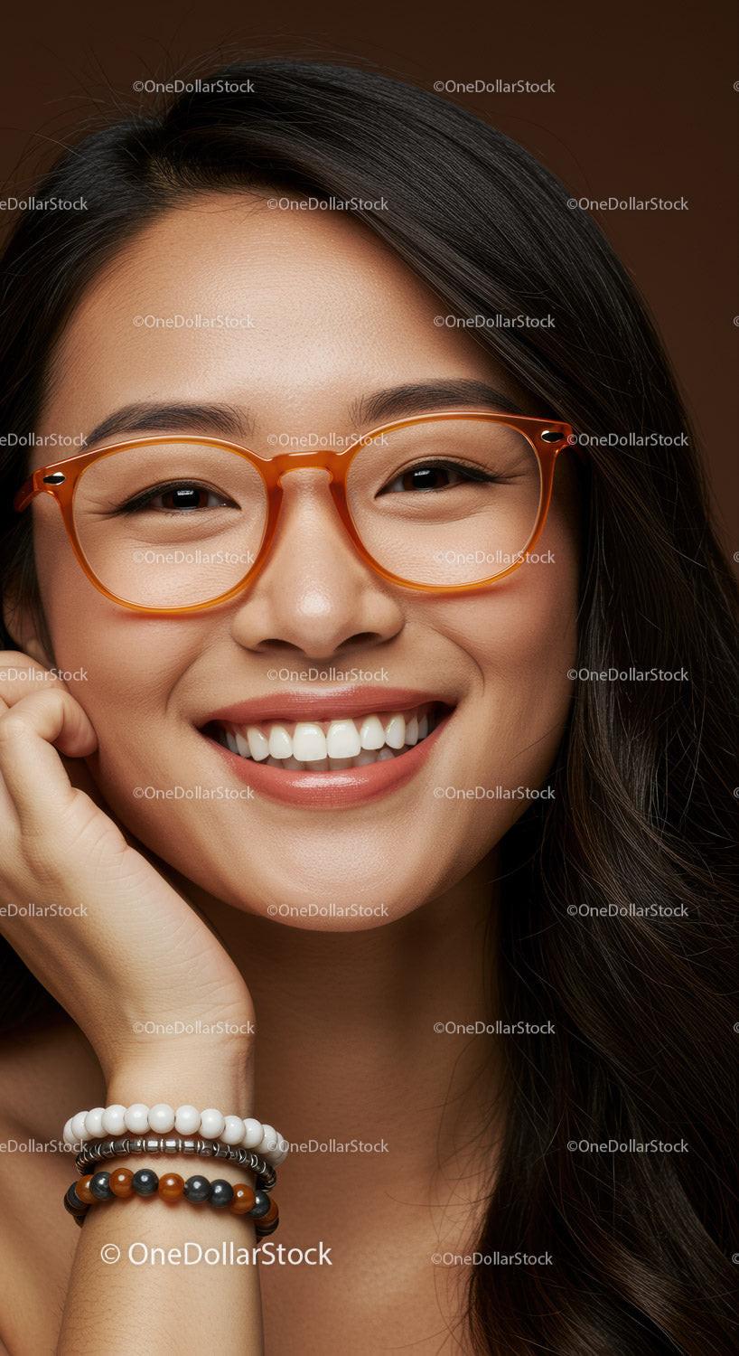 Smiling young woman with stylish orange glasses and bracelets