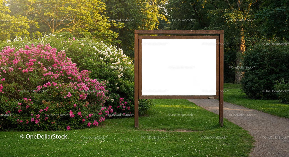 Park pathway with blooming rose bushes and empty wooden sign JPG Mockup Image preview