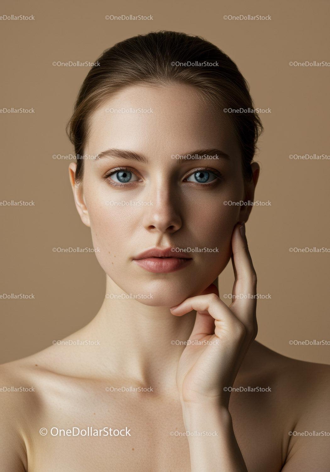 Elegant Portrait of Young Woman with Clear Skin and Blue Eyes