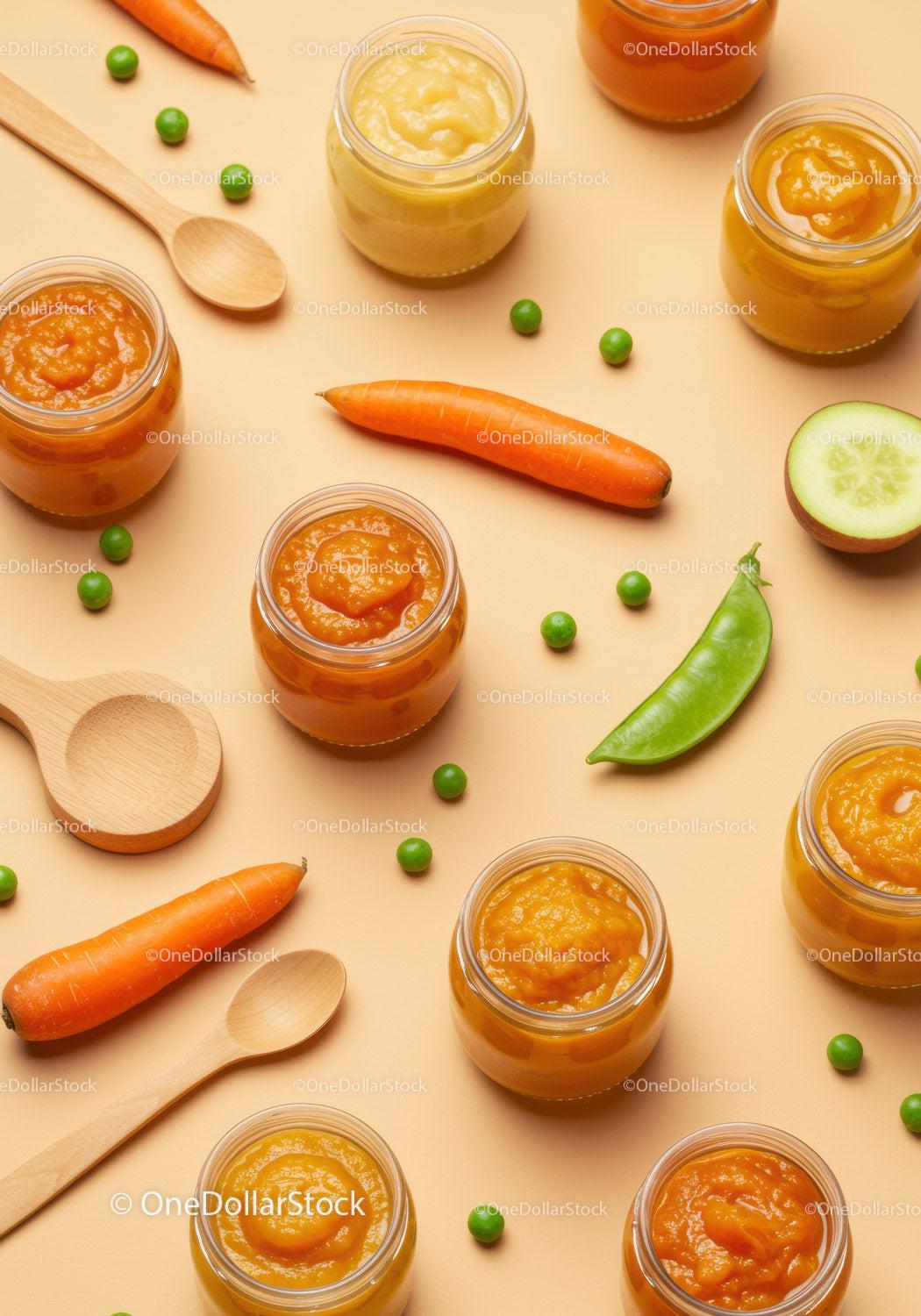 Assorted Vegetable Purees with Fresh Ingredients on Beige