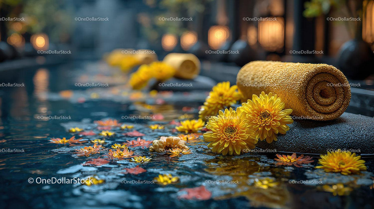 Serene Outdoor Spa Scene with Yellow Towel and Water Lilies Stock Photo Bundle preview 16